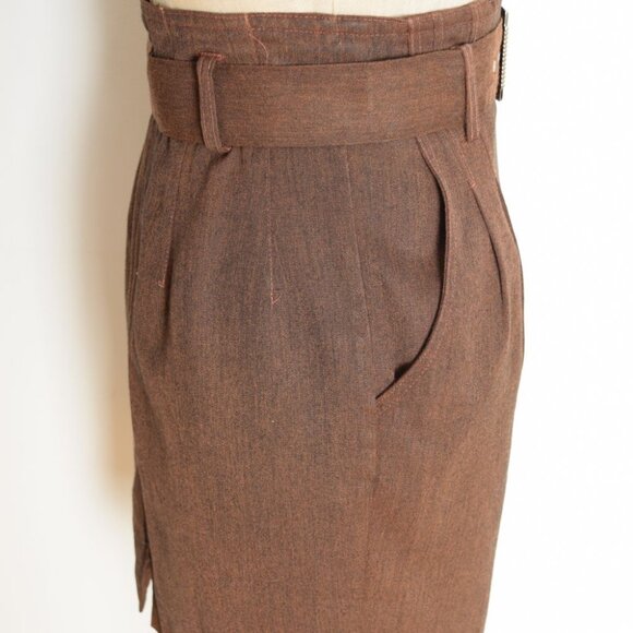 vintage 80s pencil skirt brown high waisted wide belt belted narrow mini skirt S - Picture 5 of 8